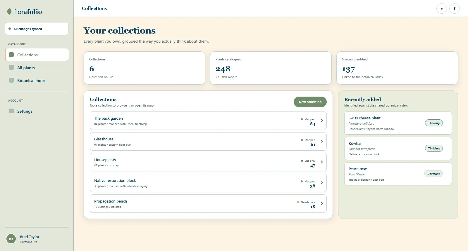 Florafolio collections list showing plant counts per collection