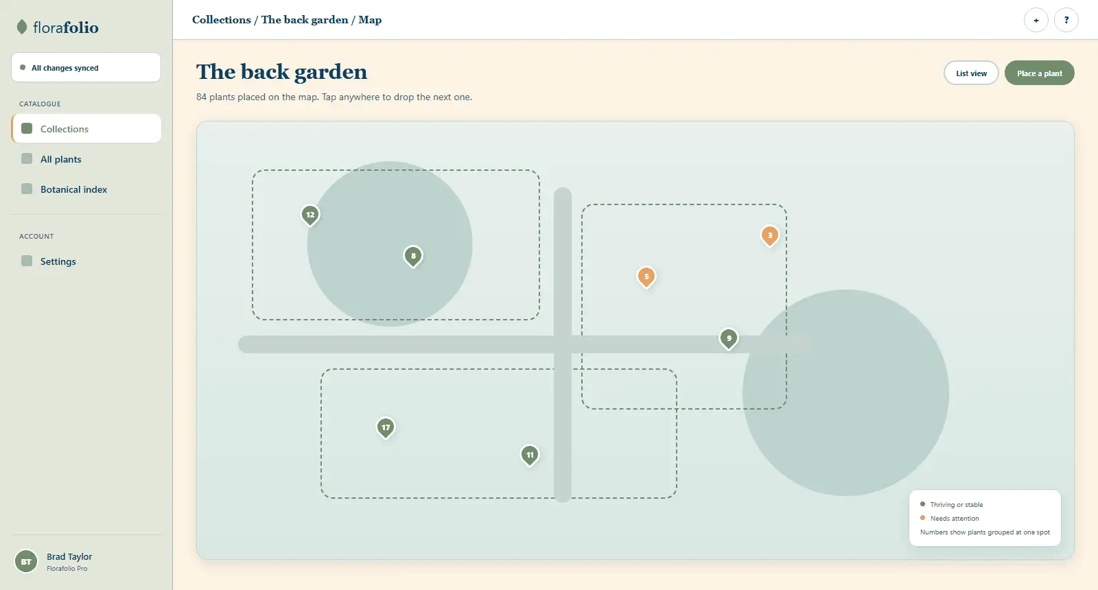 Florafolio map view with plants pinned around a garden