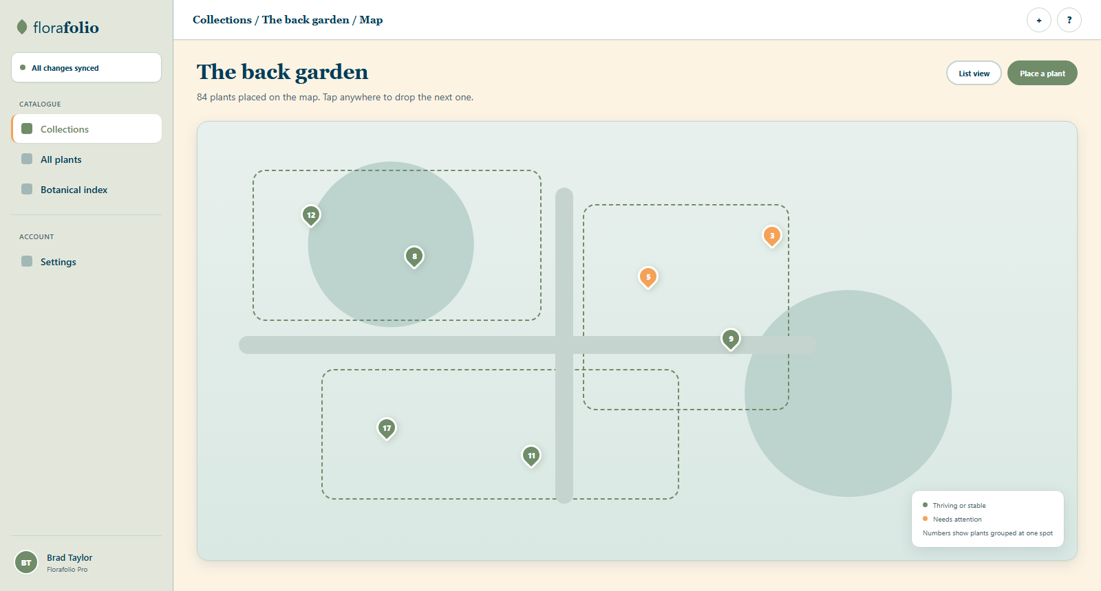 Florafolio map view with plants pinned around a garden